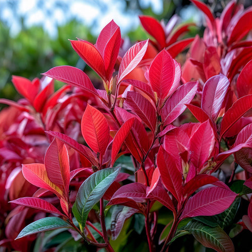 Focus sur un photinia avec ces belles feuilles rouges.