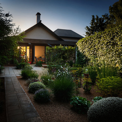 jardin de nuit avec maison en fond